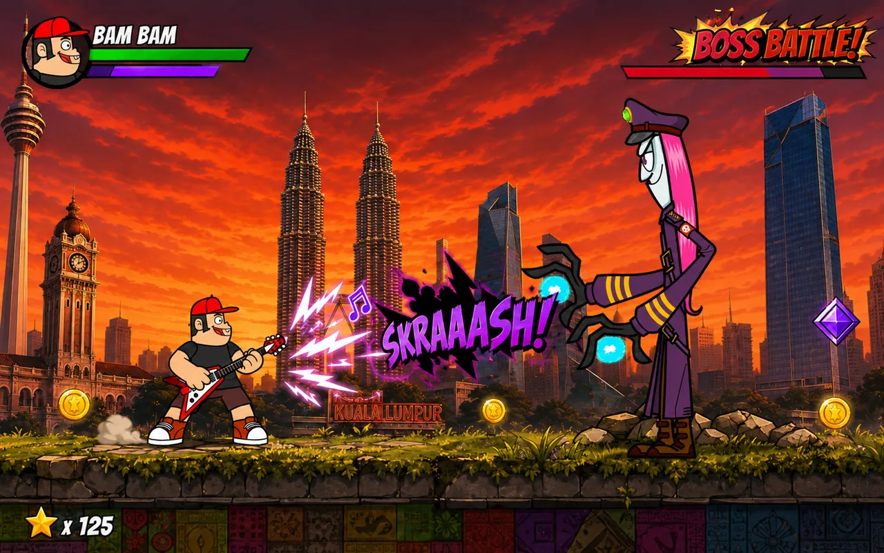 Bam Bam battles a boss